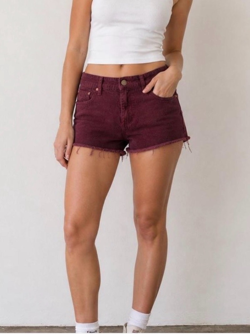 Kendall Kylie Burgundy Maroon Corduroy High Rise Cotton Festival Raw Hem Shorts